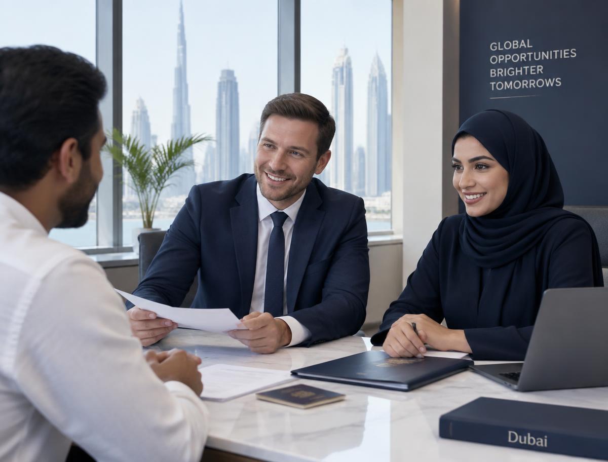 Immigration consultants meeting a client in a Dubai office